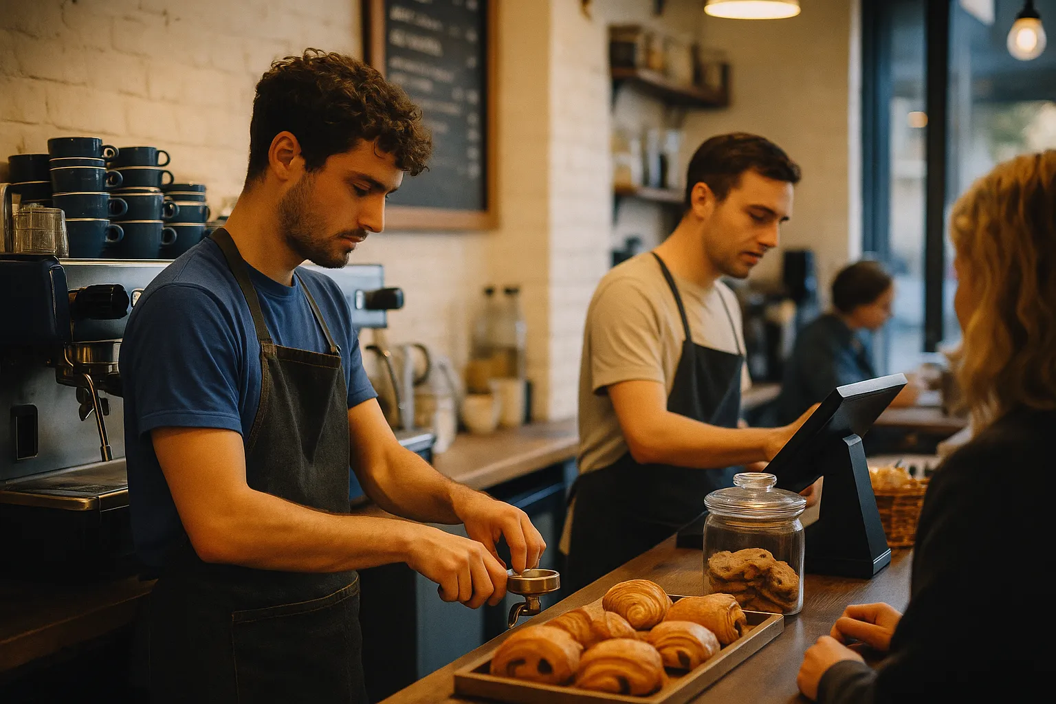 A barista and till operator working the counter during a morning rush