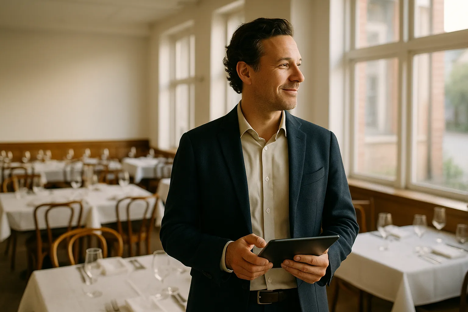 A manager holding a tablet while looking out over an empty, freshly-set dining room before service