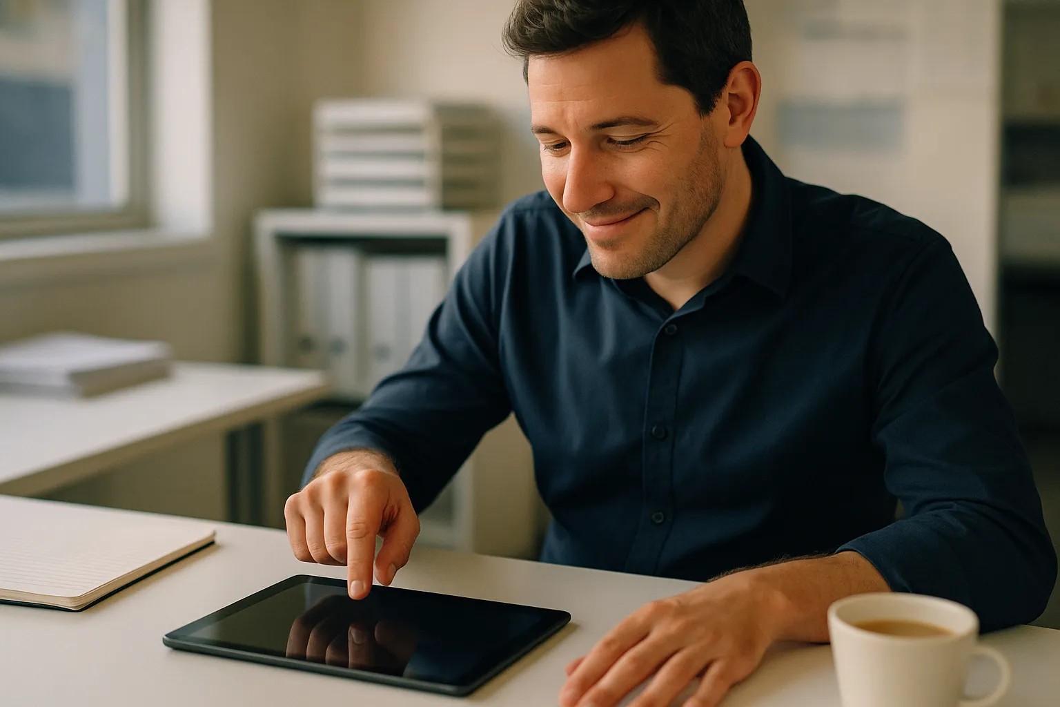 A manager tapping a tablet at a desk beside a coffee cup