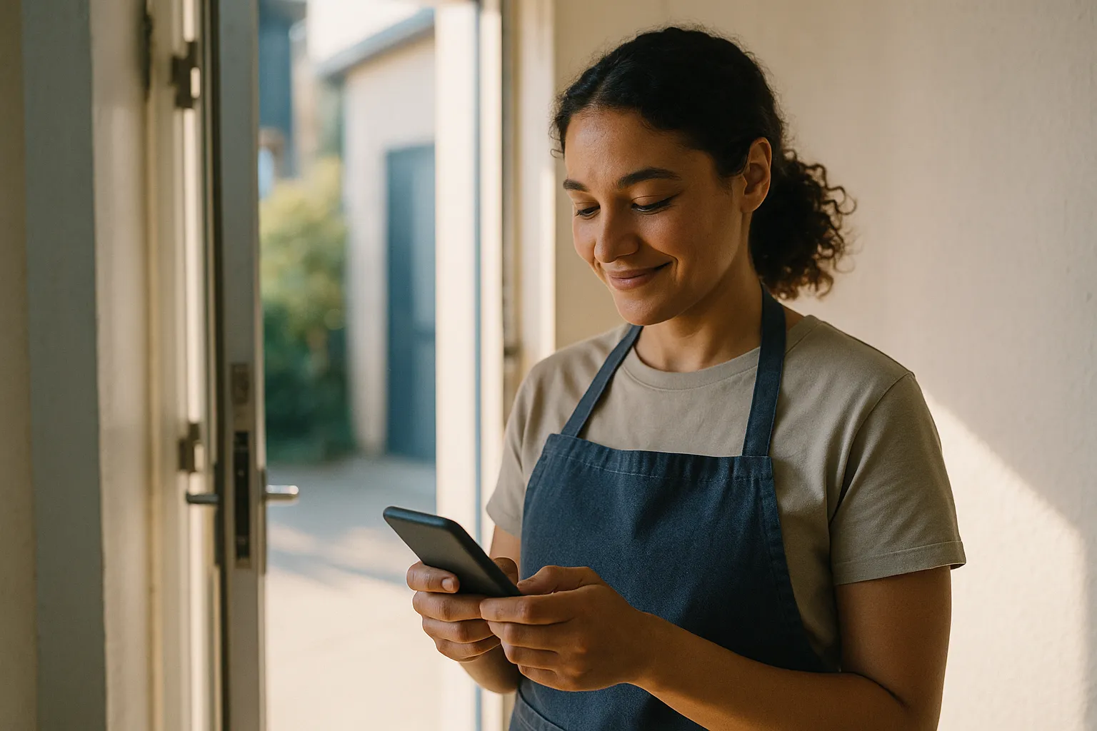 A hospitality worker checking their phone by a bright staff entrance at the start of a shift