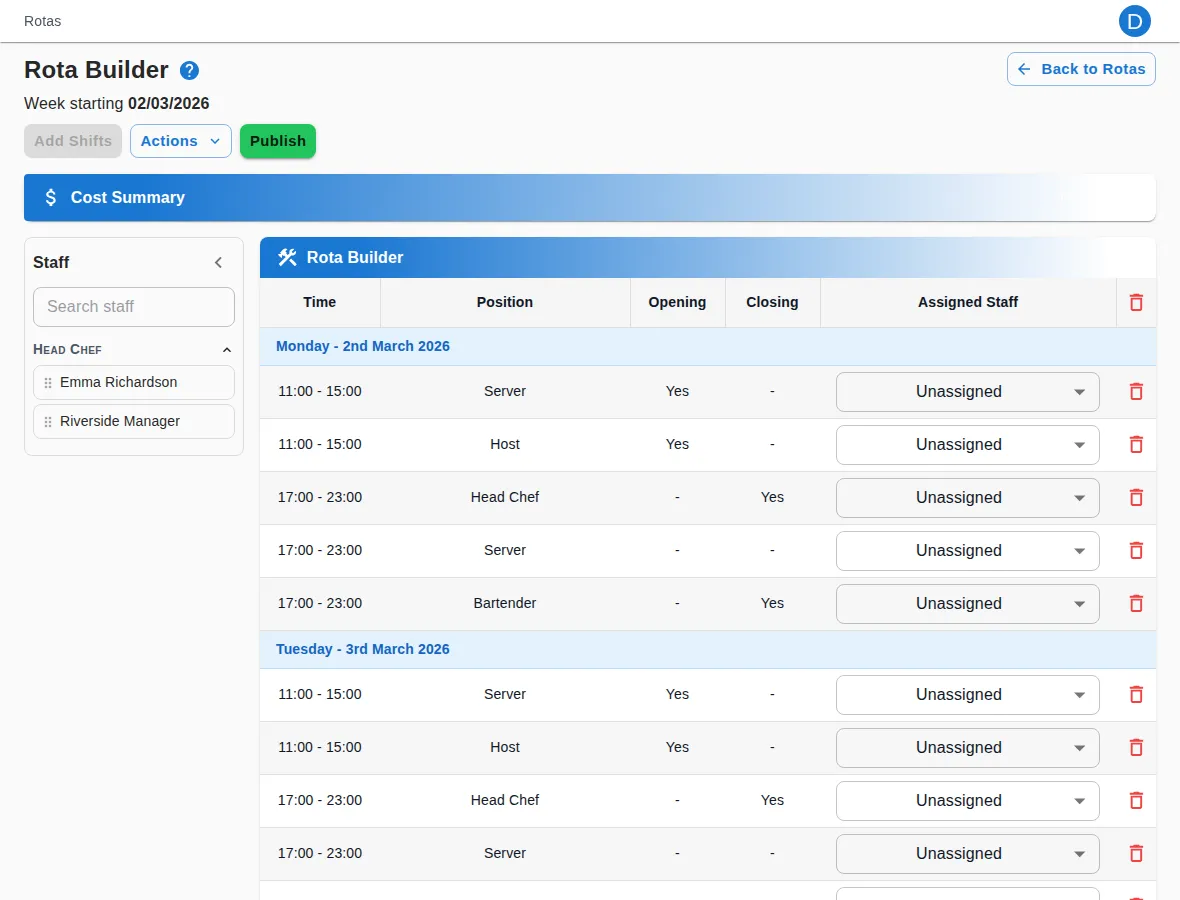 The AutaRota rota builder showing a week of AI-generated shift slots, ready to review and assign